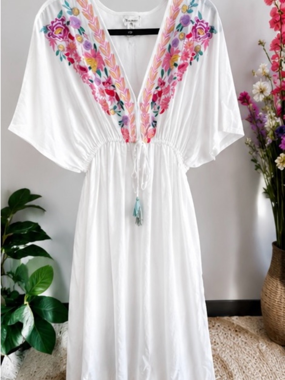 Off-White Floral Embroidered Boho Kaftan Maxi Dress L/XL NWOT